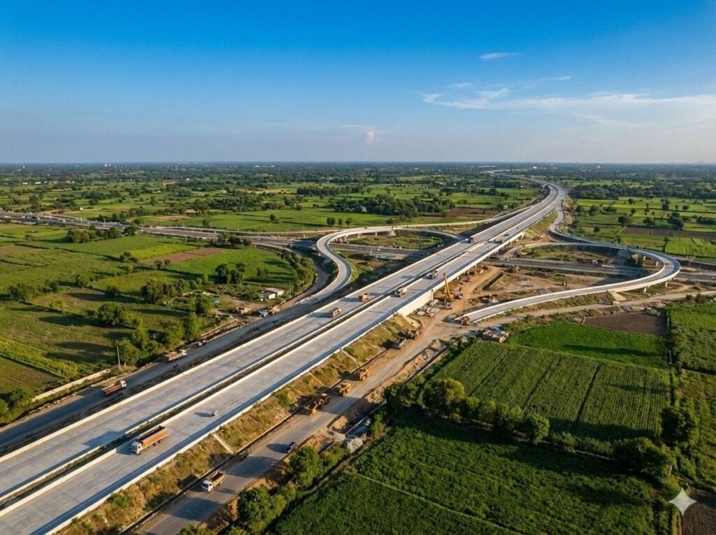 Aerial view of a multi-lane expressway interchange with sweeping flyovers cutting through green farmland